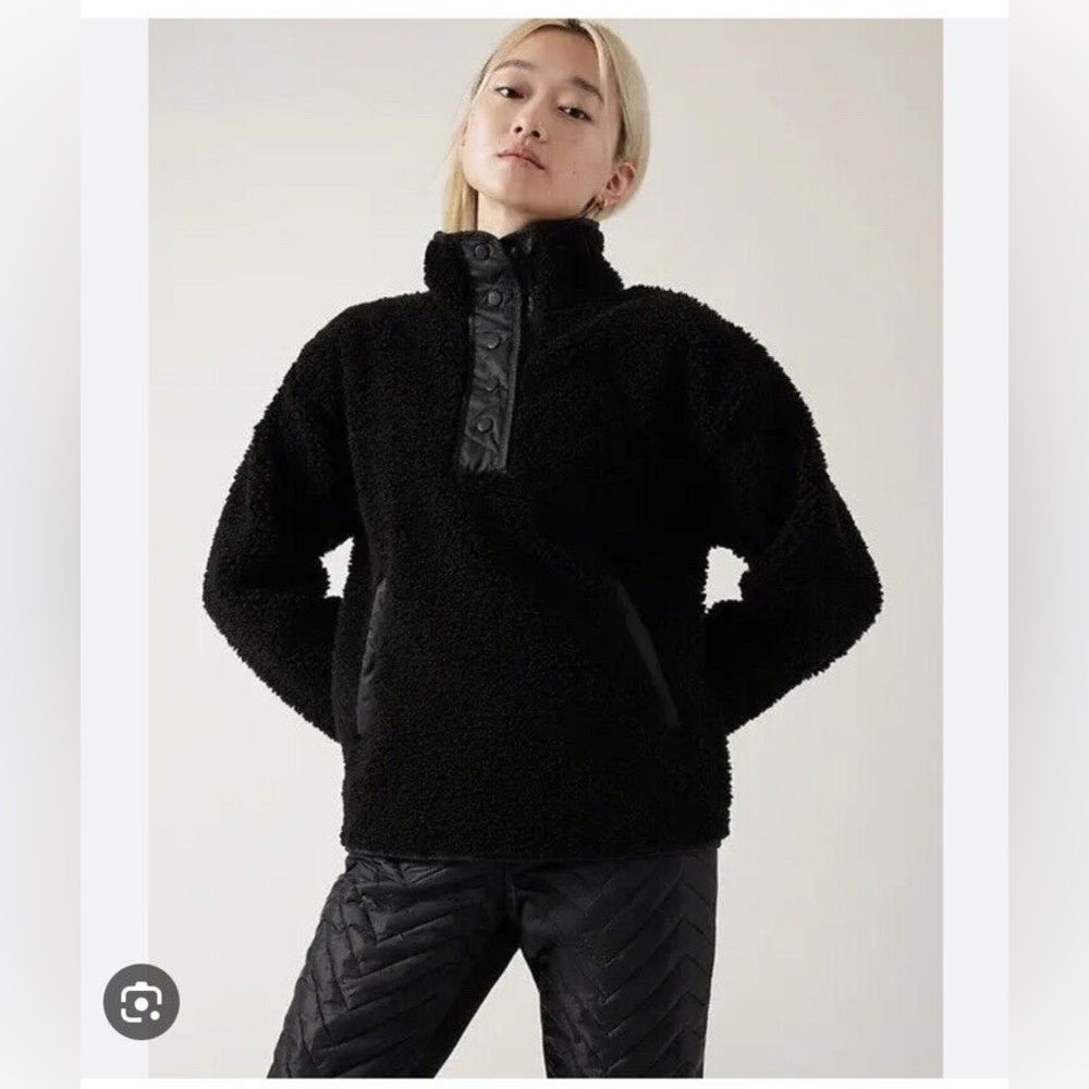 ATHLETA Cozy Sherpa Snap Sweatshirt Quilted Black XS Pockets High Neck Teddy